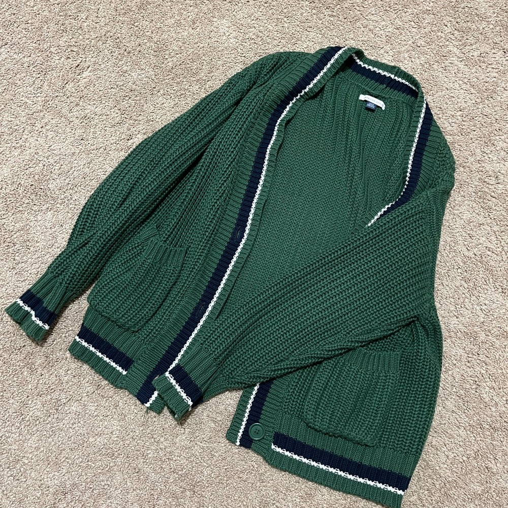 American Eagle Outfitters Green Cardigan with Navy and White Trim